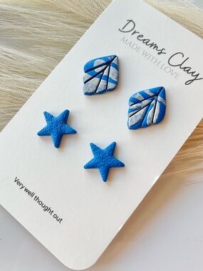Handmade Blue Star & Leaf Stud Earring Set